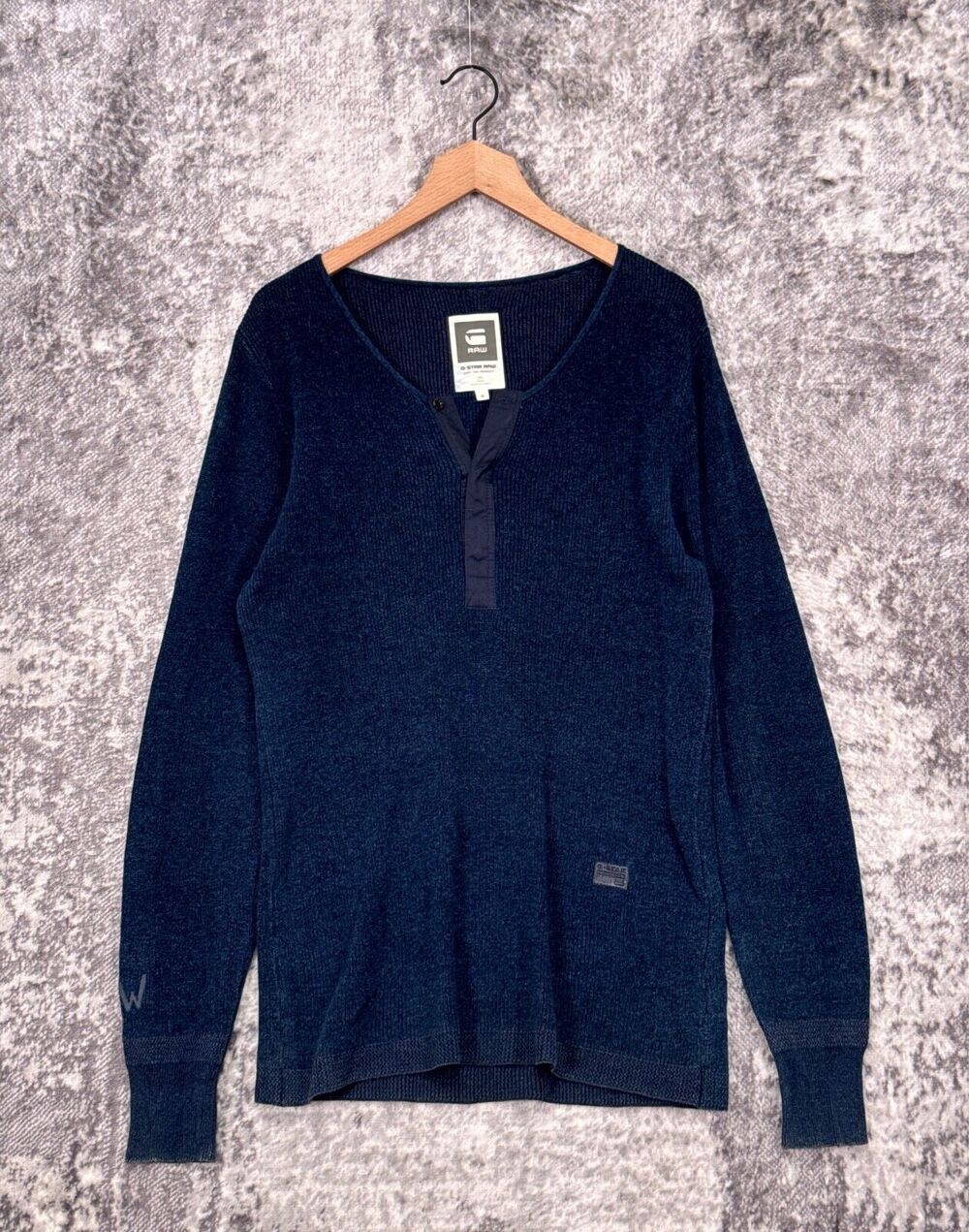 G Star Shirt Medium Mens Fabiak Granddad Blue Knit Long Sleeve Henley